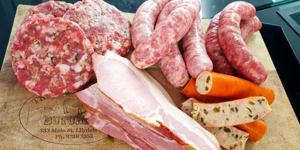 meat platter for online meat delivery Melbourne, meat delivery in melbourne, sausages, ham, burger patty